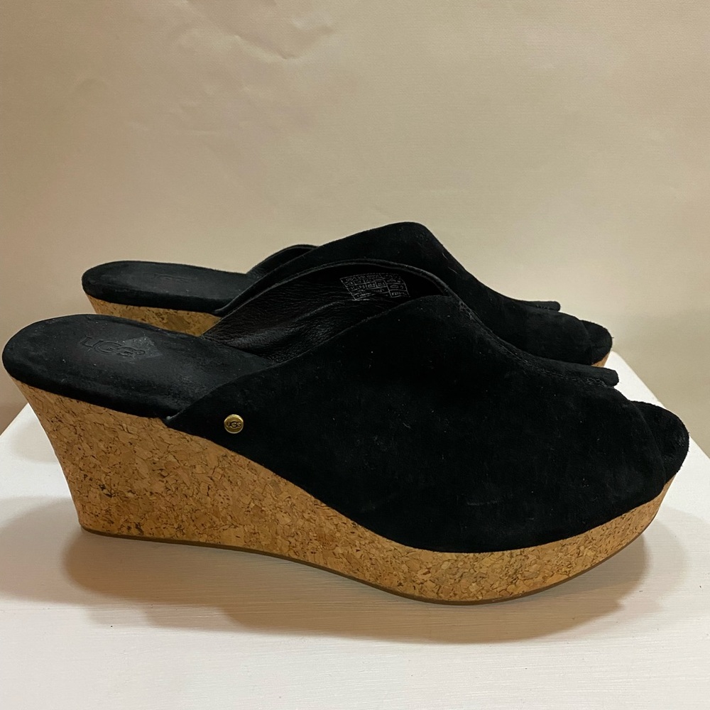 UGG Black Suede Cork Wedge Slide Mule Clog